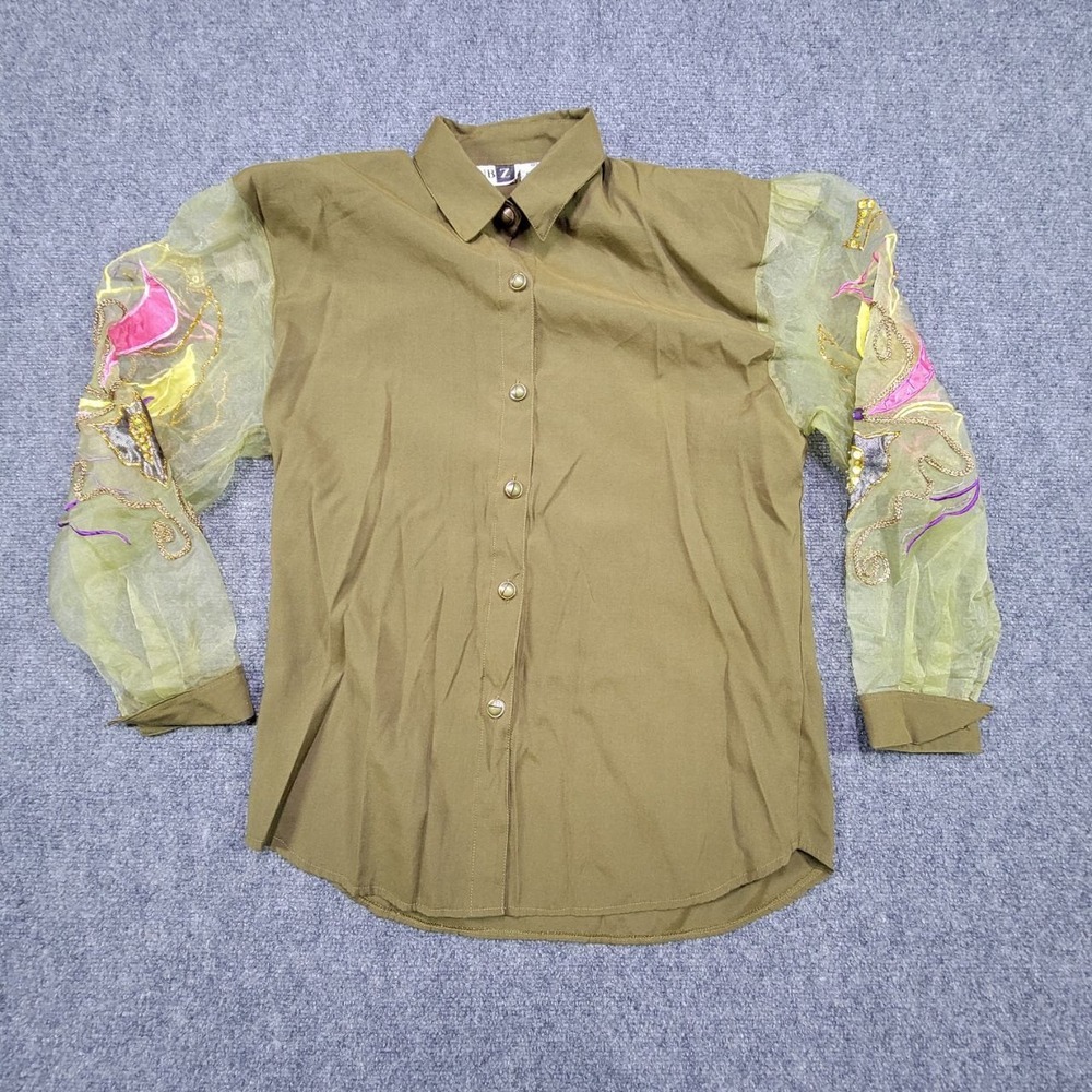 Vintage Club Z Blouse Womens M Olive Green Sheer‎ Floral Sleeve Button Up Top